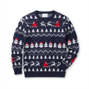 Julpullover för par blå med granar, snögubbar och jultomte biokotton