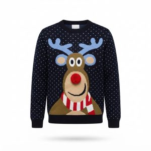 Julsweatshirt för familjen i blått med ren och rött nöse i 3D